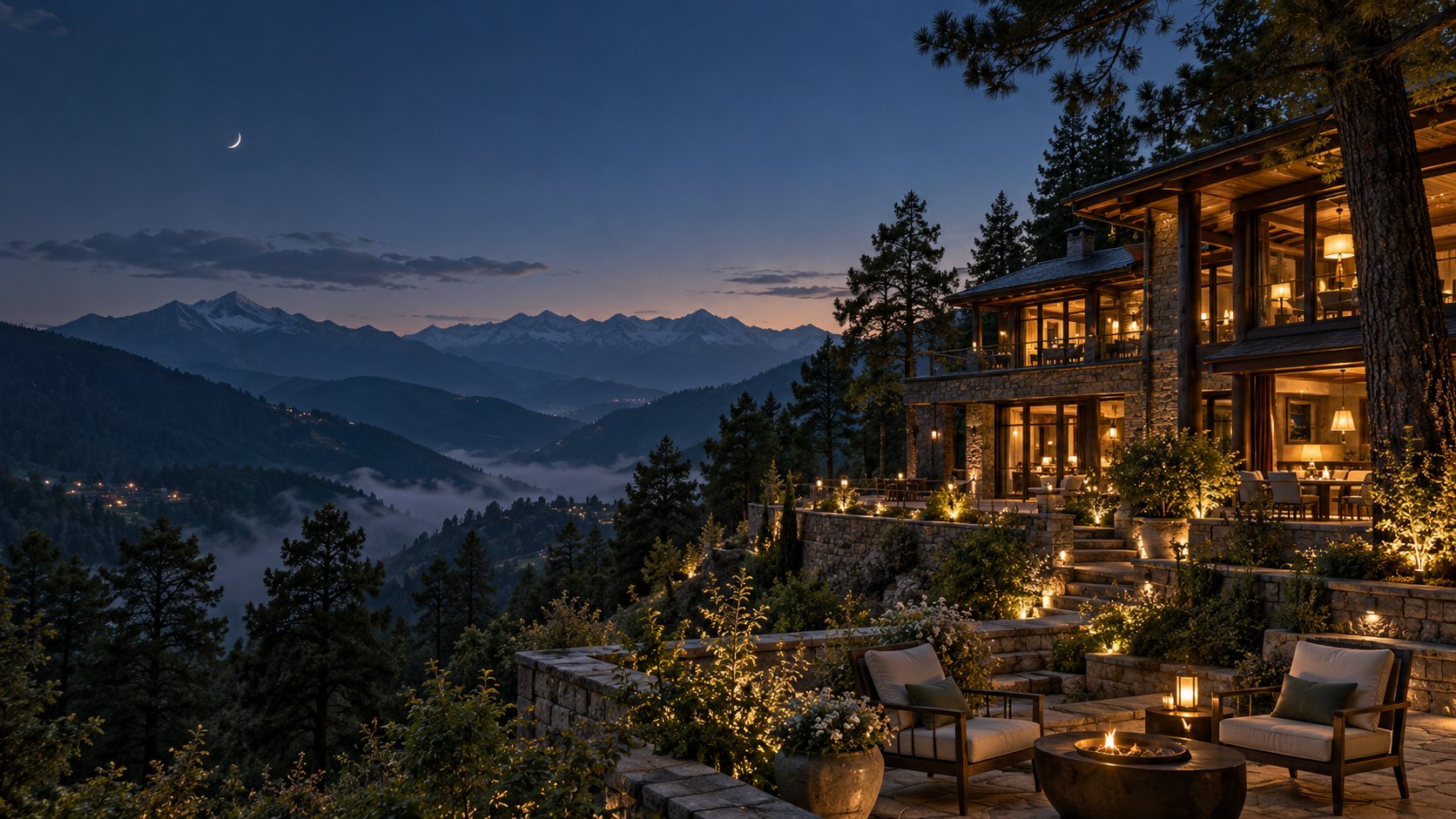 Concept of a warmly lit hill retreat overlooking a mountain valley